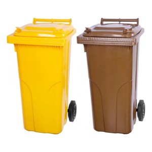 PROREGAL Mülltonnen-Set: 2 Mülltonnen (120L) in Gelb und Braun aus HDPE-Kunststoff mit Rädern.