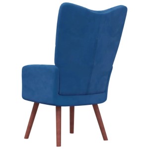 Blauer Relaxsessel aus Samt mit Holzbeinen, Rückansicht.