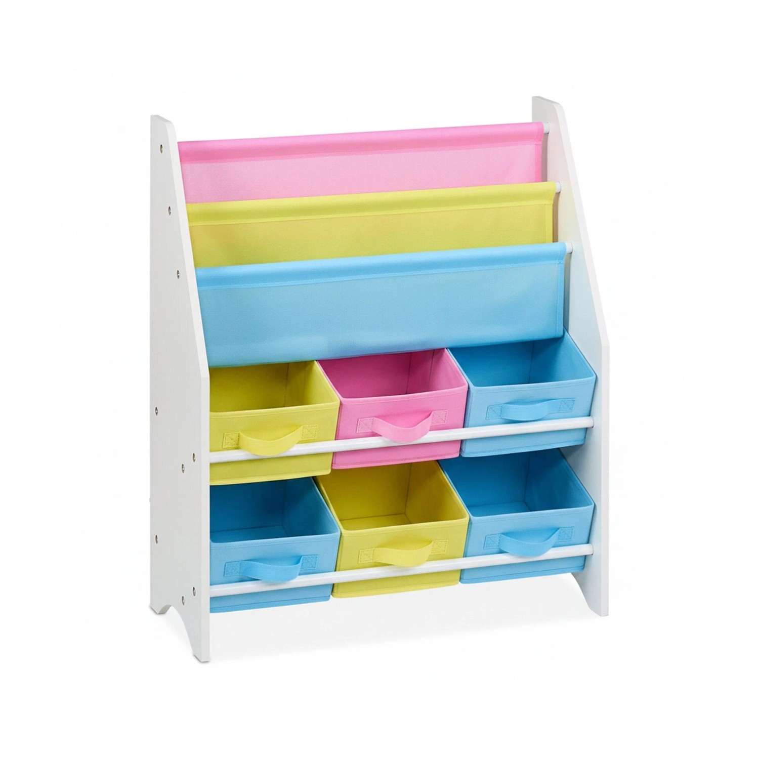 Relaxdays Kinderregal mit Boxen MDF Polyester Weiß Blau Gelb Rosa Faltbar 74 cm x 62,5 cm x 31 cm 4,8 kg