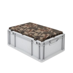 Graue Eurobox Sitzbox mit Camouflage-Sitzkissen, 44 Liter, mit Griffen. Ideal als Transportbox und Aufbewahrungsbox.