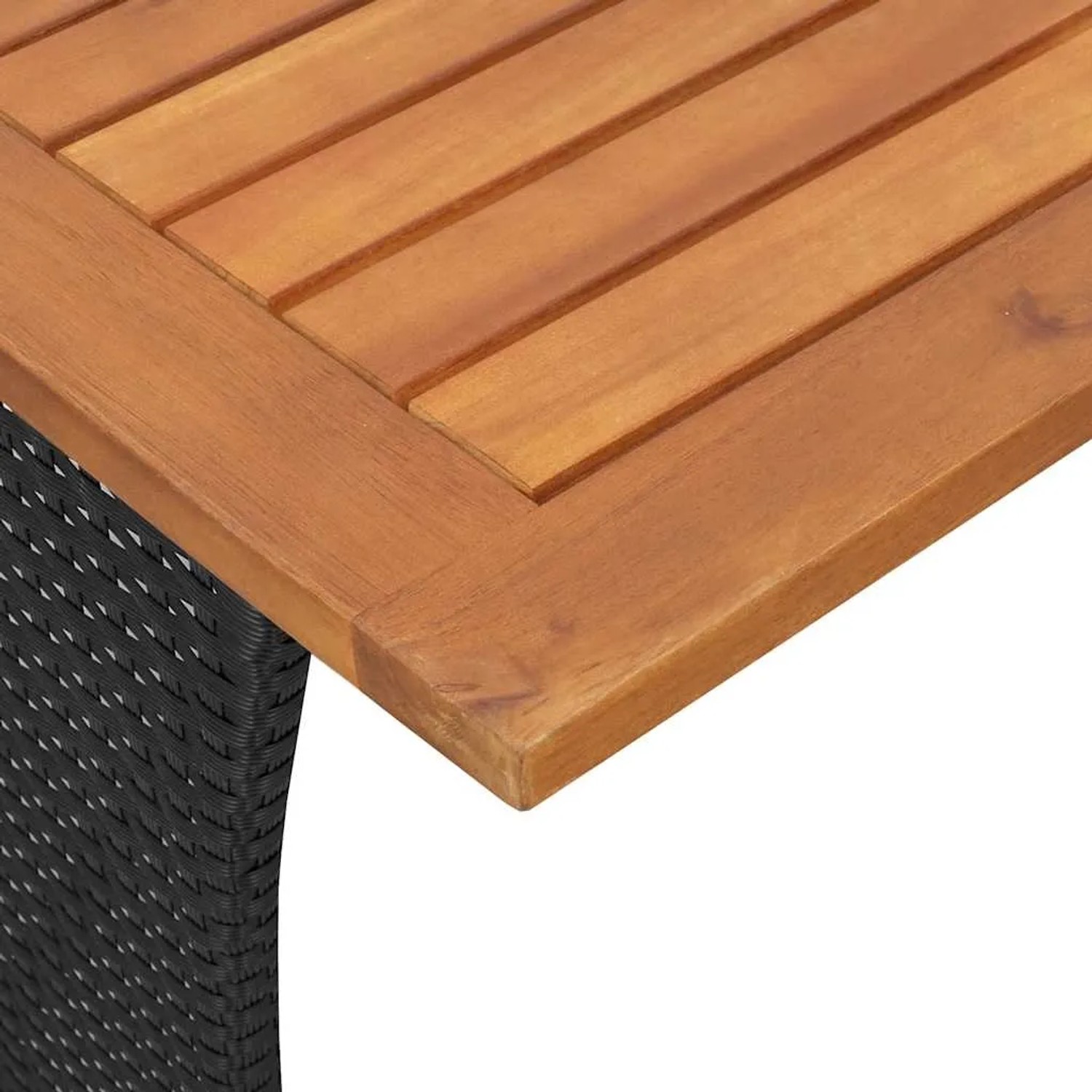 Detailansicht Gartentisch der vidaXL Sofagarnitur: Akazienholzplatte, schwarzes Poly Rattan Gestell.
