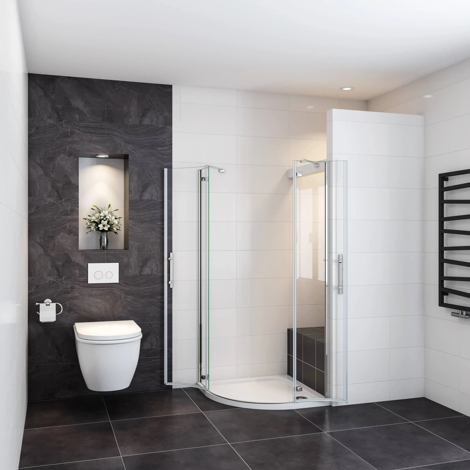 Eckige AICA Runddusche 80x80 mit Klarglas in modernem Badezimmer.
