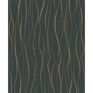 Marburg Vliestapete Ivy Nov Welle Gold: Dunkelgraue Tapete mit goldenen, wellenförmigen Linien.