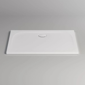 Weiße, rechteckige pianura Duschwanne Emilia aus Mineralguss, 100x80 cm, mit mittigem Ablauf.