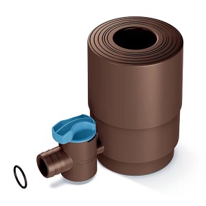 Arves Regensammler, dunkelbraun, mit blauem Hahn. Zubehör für Regentonnen zur Wasserentnahme.