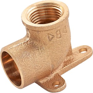 Löt-Wandscheibe aus Rotguss, Ø 22 mm x 18,6 mm (Rp 1/2), mit 90°-Winkel und Befestigungslaschen.