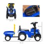 Blauer HOMCOM Kinder Rutschtraktor NEW HOLLAND mit abnehmbarem Anhänger, Hupe und gelbem Auspuff, 91 cm lang.