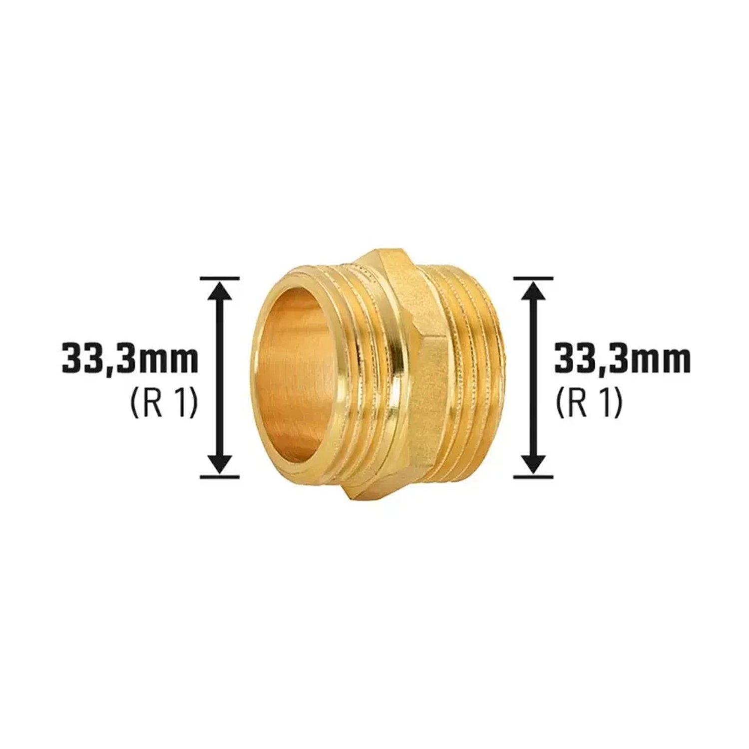 Messing Gewinde-Doppelnippel, 33,3 mm (R 1) für Rohrverbindungen.