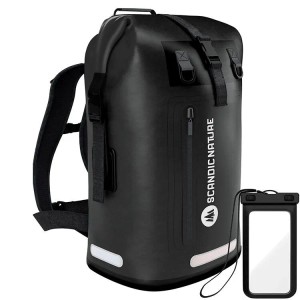 Schwarzer, wasserdichter SCANDIC NATURE Rucksack Pioneer 35L mit Roll Top und wasserdichter Handyhülle.