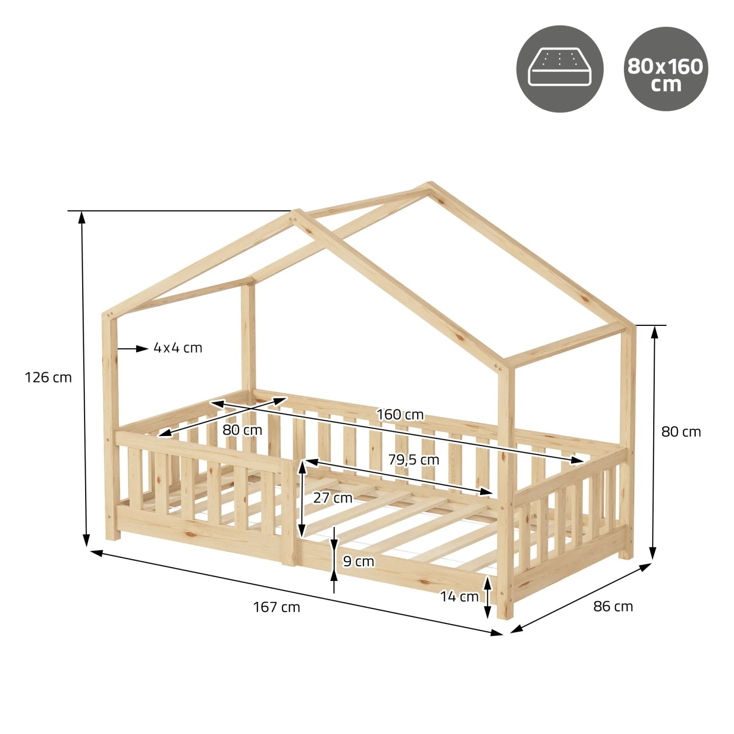 ML-Design Hausbett, 80x160 cm, Naturholz, mit Rausfallschutz und Lattenrost. Kinderbett im Haus-Design.