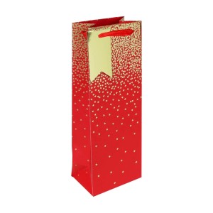 Rote Geschenktasche für Flaschen mit goldenen Sternen und rotem Kordelgriff. Ideal für Wein & Spirituosen.