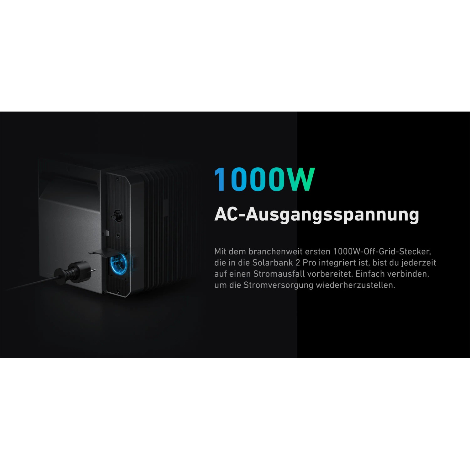 Anker SOLIX 2 E1600 Pro Energiespeicher mit 1000W AC-Ausgang, blau beleuchtetem Anschluss und Kabel.