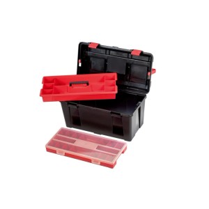 Geöffnete, schwarze PARAT Werkzeugbox PROFI-LINE Allround L mit rotem Trageeinsatz und Kleinteilemagazin.