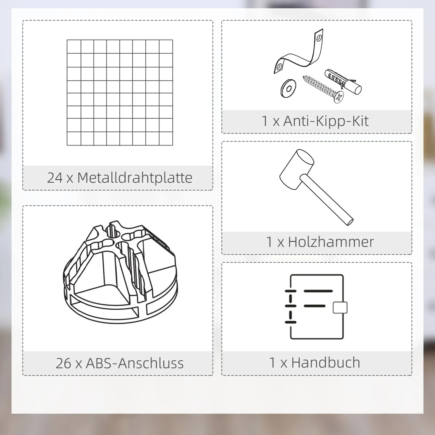 Bestandteile des HOMCOM Würfelregals: Metallplatten, Verbinder, Hammer, Kippschutz und Anleitung.