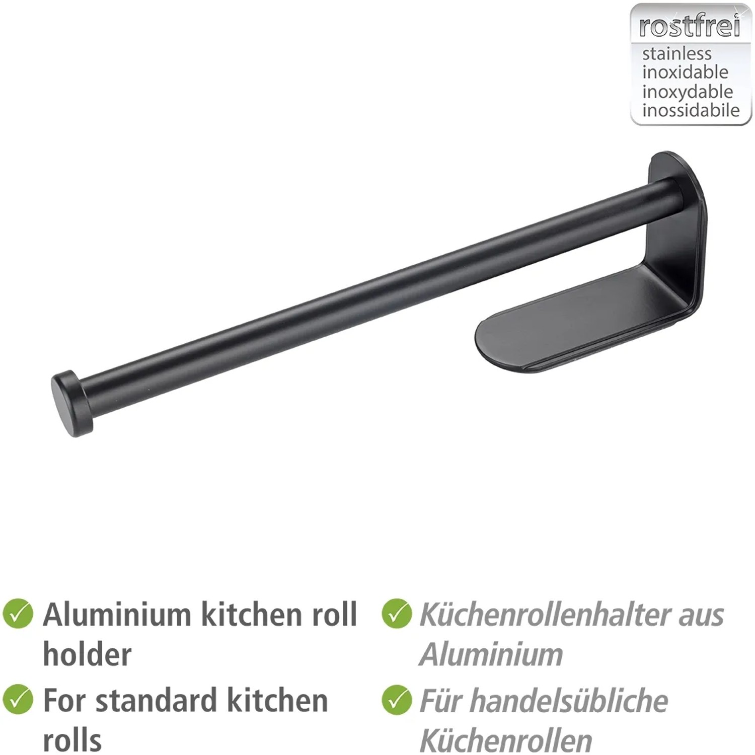 Schwarzer, selbstklebender Wenko Küchenrollenhalter Nio aus Aluminium.