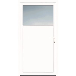 Weiße Kunststoff Nebeneingangstür mit Glasausschnitt, 98x198 cm, DIN rechts.