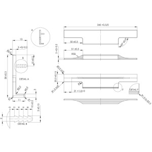 Technische Zeichnung der Furnipart Küchen Griffleiste Trim 345 mm aus Aluminium, natur eloxiert, mit Maßen.