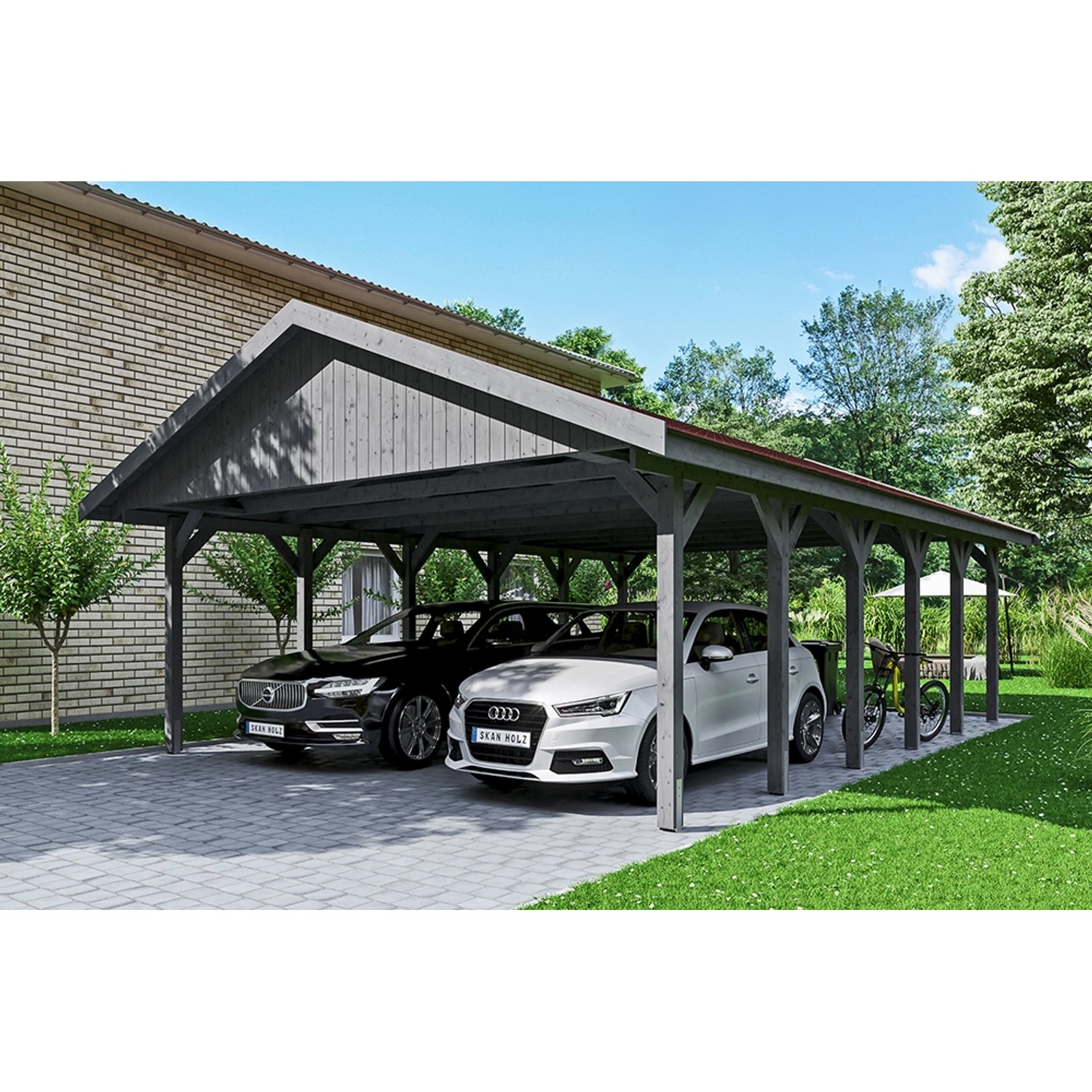 Satteldach-Carport Wallgau Schiefergrau 620 x 900 cm  rote Schindeln günstig online kaufen