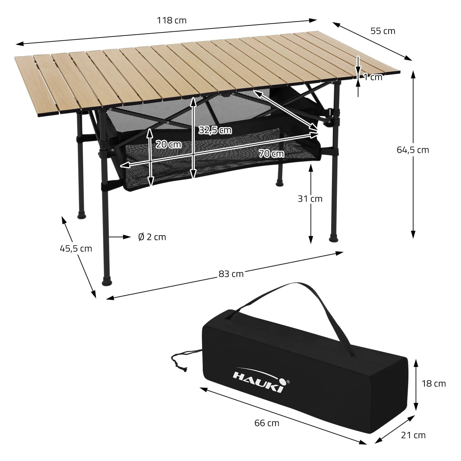 Hauki Campingtisch, faltbar, beige, 118x55x64,5 cm, mit Tasche. Klappbarer Tisch für Camping & Outdoor.