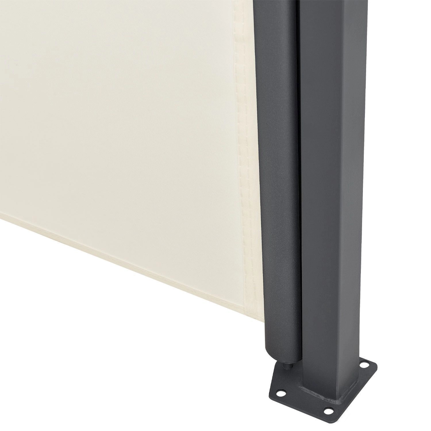 Detailaufnahme: Beige Juskys Seitenmarkise Dubai, 160 cm hoch, mit Stahlpfosten und Befestigungsplatte.