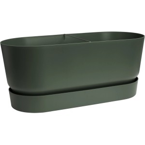 Laubgrüner Elho Greenville Blumenkasten 80 mit Rollen, frost- und UV-beständig.