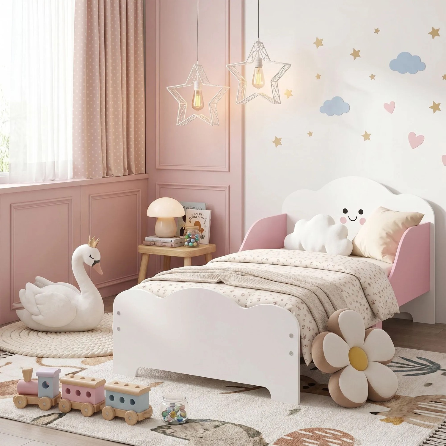 Rosa-weißes AIYAPLAY Kinderbett aus MDF mit lächelndem Wolken-Kopfteil und niedriger Bauweise für sicheren Schlaf.