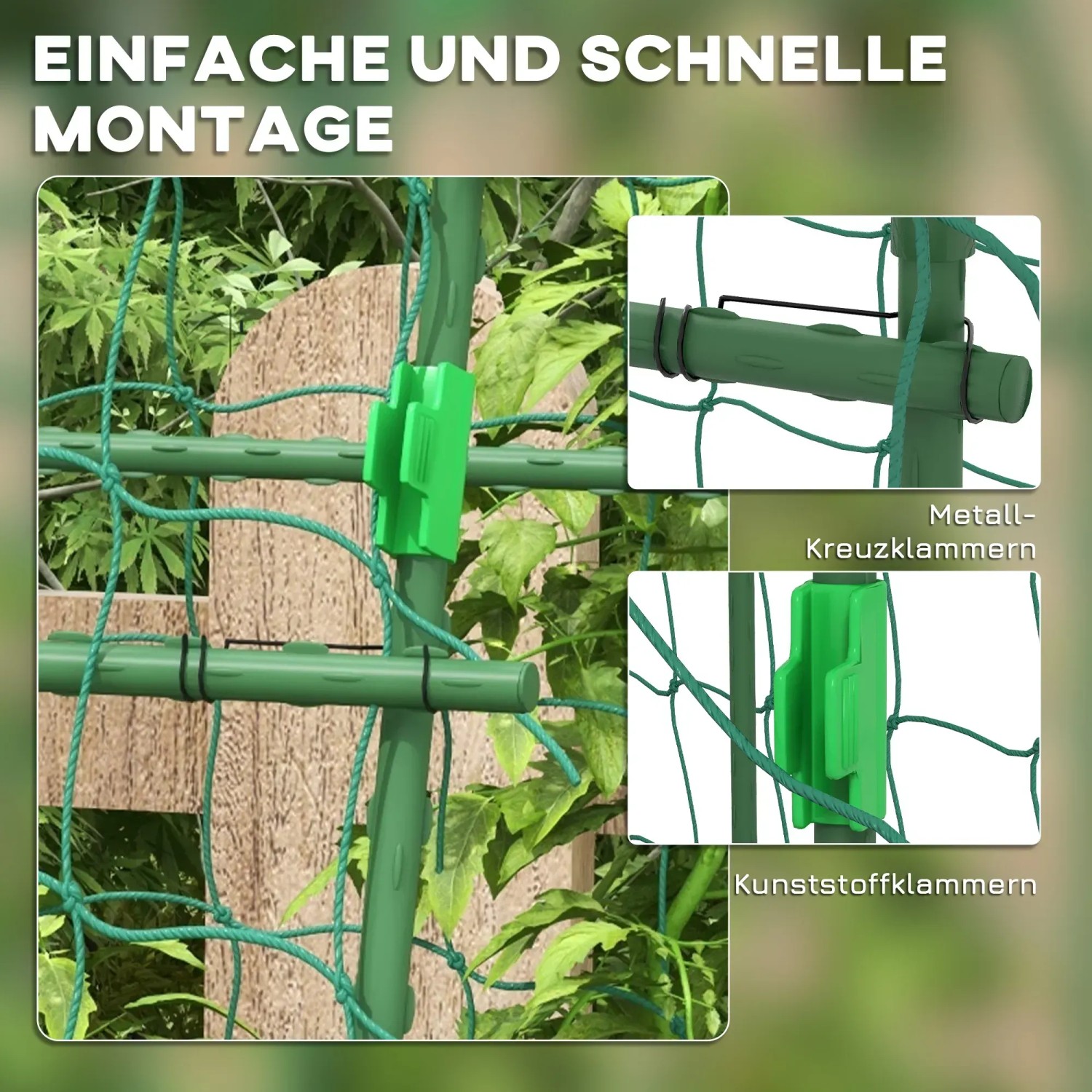 Detailaufnahme Outsunny Rankhilfe: Grüne Stahl-Konstruktion mit Kunststoff- und Metallklammern.