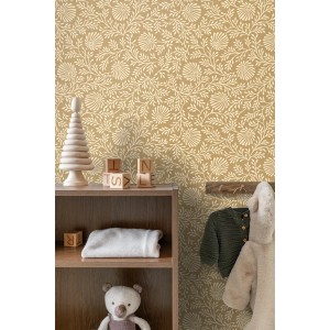 ESTAhome Vliestapete mit beigem Blumenmuster. Florales Design für einen warmen Vintage-Look.