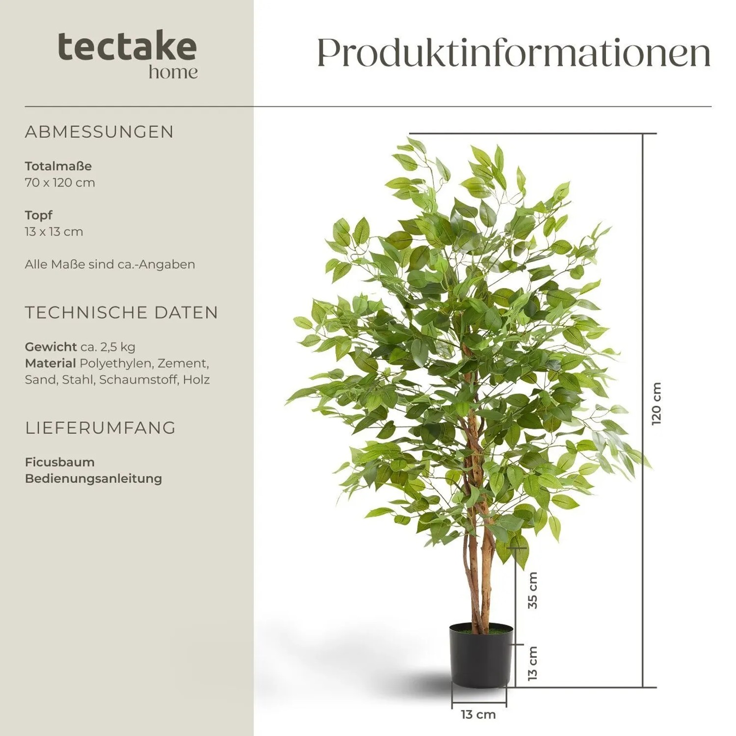 Tectake Künstlicher Ficusbaum Fida Verschiedene Größen Detailliert und Naturgetreu  70 x 70 x 120 cm Grün_6