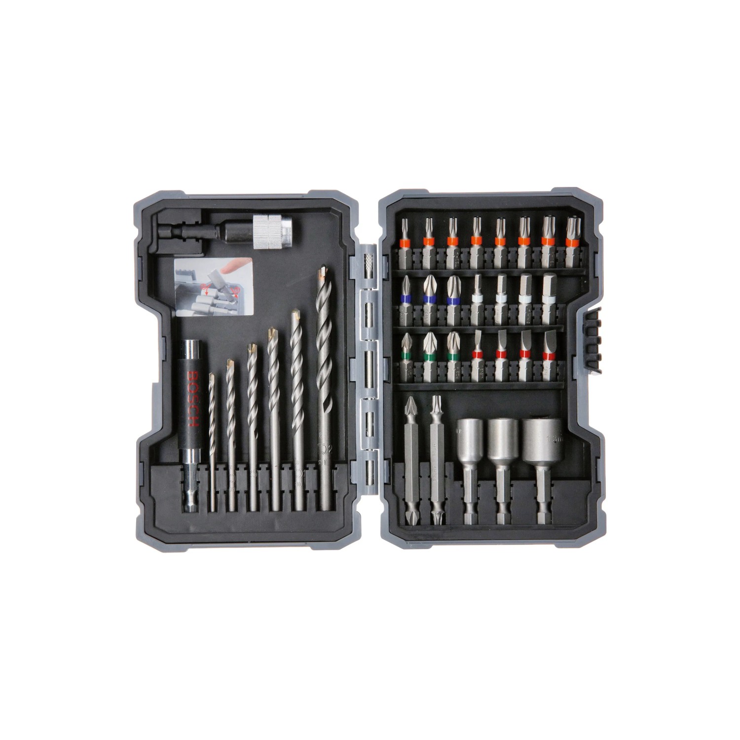 Bosch Betonbohrer-/Bit-Set, 35-teilig im geöffneten Koffer, verschiedene Größen und Ausführungen.
