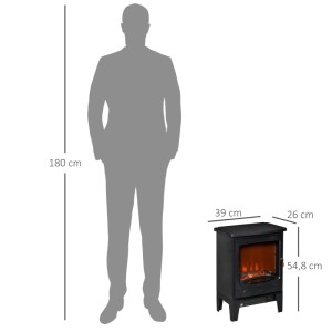 Schwarzer HOMCOM Elektrokamin mit Flammeneffekt, 39x26x54,8 cm, neben 180 cm Person zur Größenreferenz.