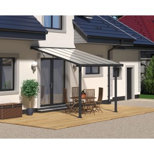 Palram Canopia Olympia Terrassenüberdachung 3x3.1m, Anthrazit, klare Doppelstegplatten. Geschützter Terrassenbereich.