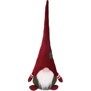 Sitzender Stoff-Wichtel in Rot-Grau als Weihnachtsdekoration.