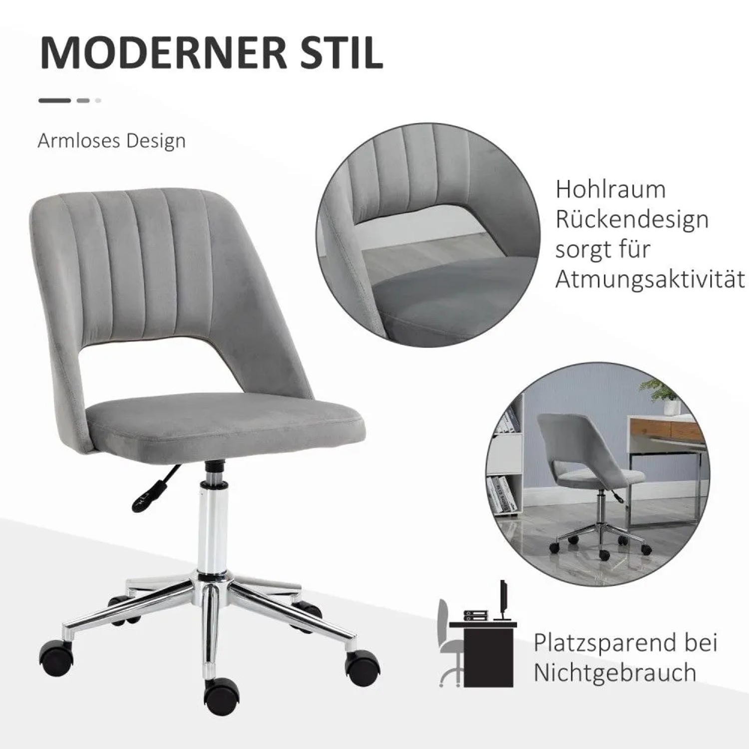 Grauer Vinsetto Schreibtischstuhl aus Samt, armlos, mit Rollen und verstellbarer Höhe. Modernes Design für Büro.