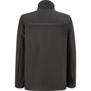 Schwarze Softshell-Jacke, Rückansicht, mit reflektierendem Streifen. Funktionale Arbeitsbekleidung für Herren.