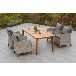 Merxx Avellino 5-tlg. Gartenmöbel-Set mit Tisch (185x90cm) und 4 Sesseln mit grauen Kissen.