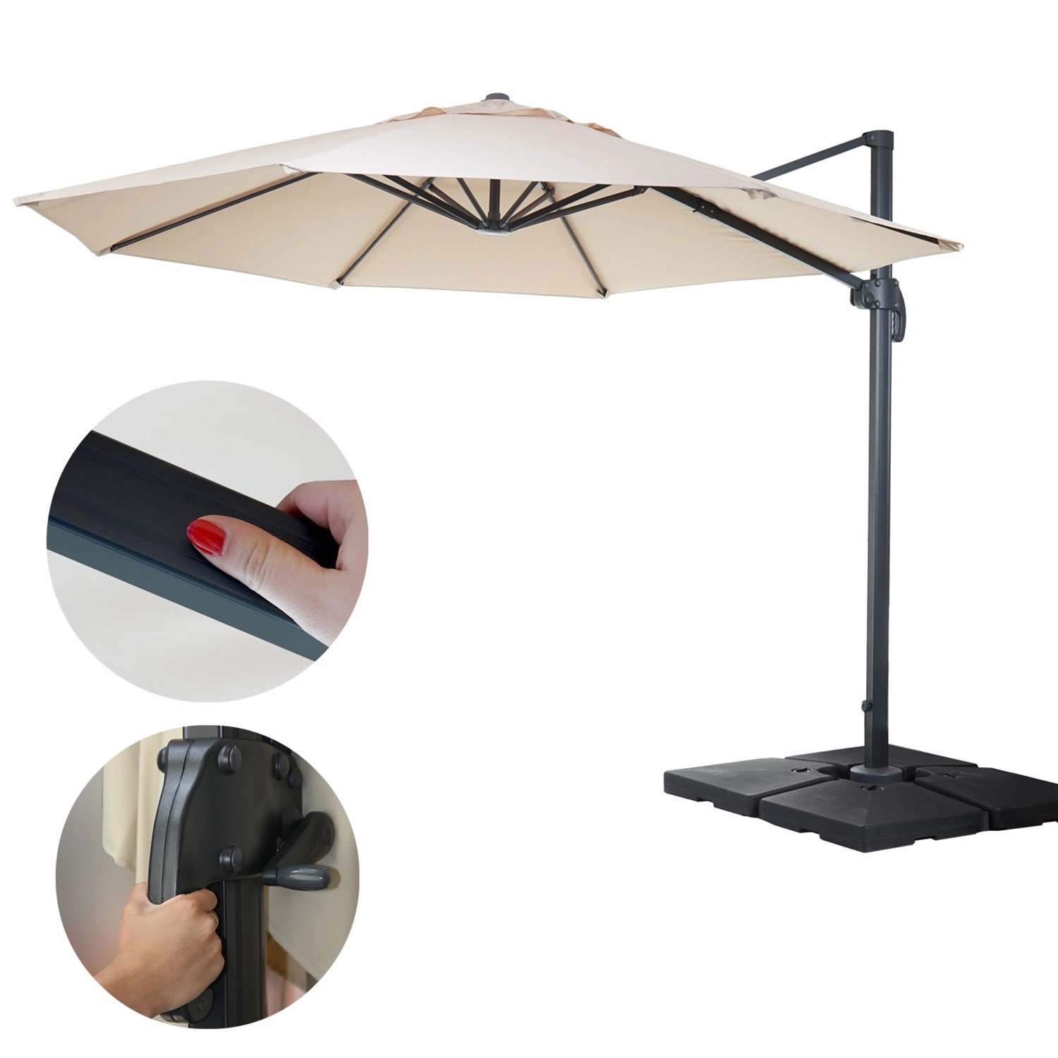 Creme-farbener MCW Ampelschirm A96 Ø 4m aus Alu mit Ständer und Kurbel.