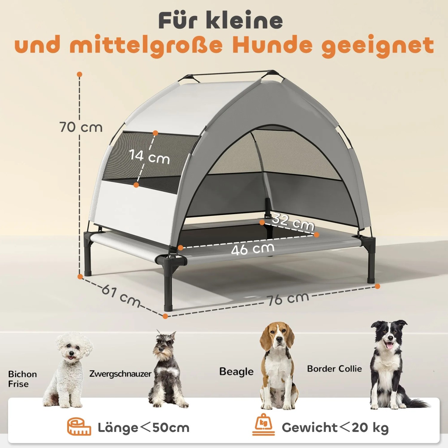 PawHut erhöhtes Hundebett mit grauem Sonnendach, 76x61x70cm, für kleine bis mittelgroße Hunde. Atmungsaktives Design.