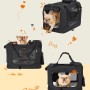 Schwarze Feandrea Hundebox mit Netzfenstern und Tragegriffen, gezeigt mit einem Hund in drei Ansichten. Ideal für Transport & Reisen.