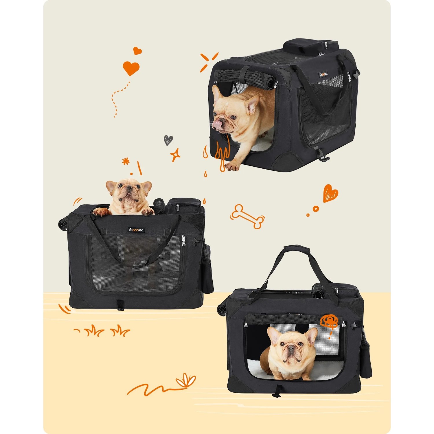 Schwarze Feandrea Hundebox mit Netzfenstern und Tragegriffen, gezeigt mit einem Hund in drei Ansichten. Ideal für Transport & Reisen.