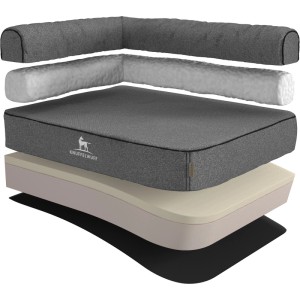 Knuffelwuff Eck Hundebett Marlie, orthopädisches Hundekörbchen mit Velours Bezug in Grau.