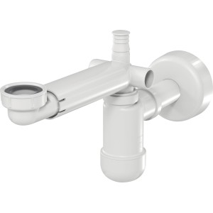 Weißer Prevex Raumspar-Siphon (Ø 32 mm) mit Waschmaschinenanschluss für Waschbecken.