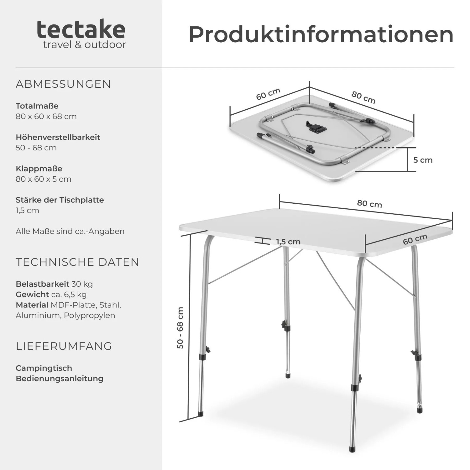 Tectake Campingtisch Julian, klappbar, mit MDF-Platte, 80x60x68 cm, grau. Höhenverstellbarer Tisch für Camping & Freizeit.