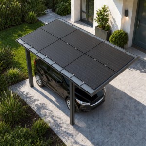 Dunkler Ximax Solarcarport Linea mit Solarmodulen schützt Auto auf Einfahrt vor modernem Haus.