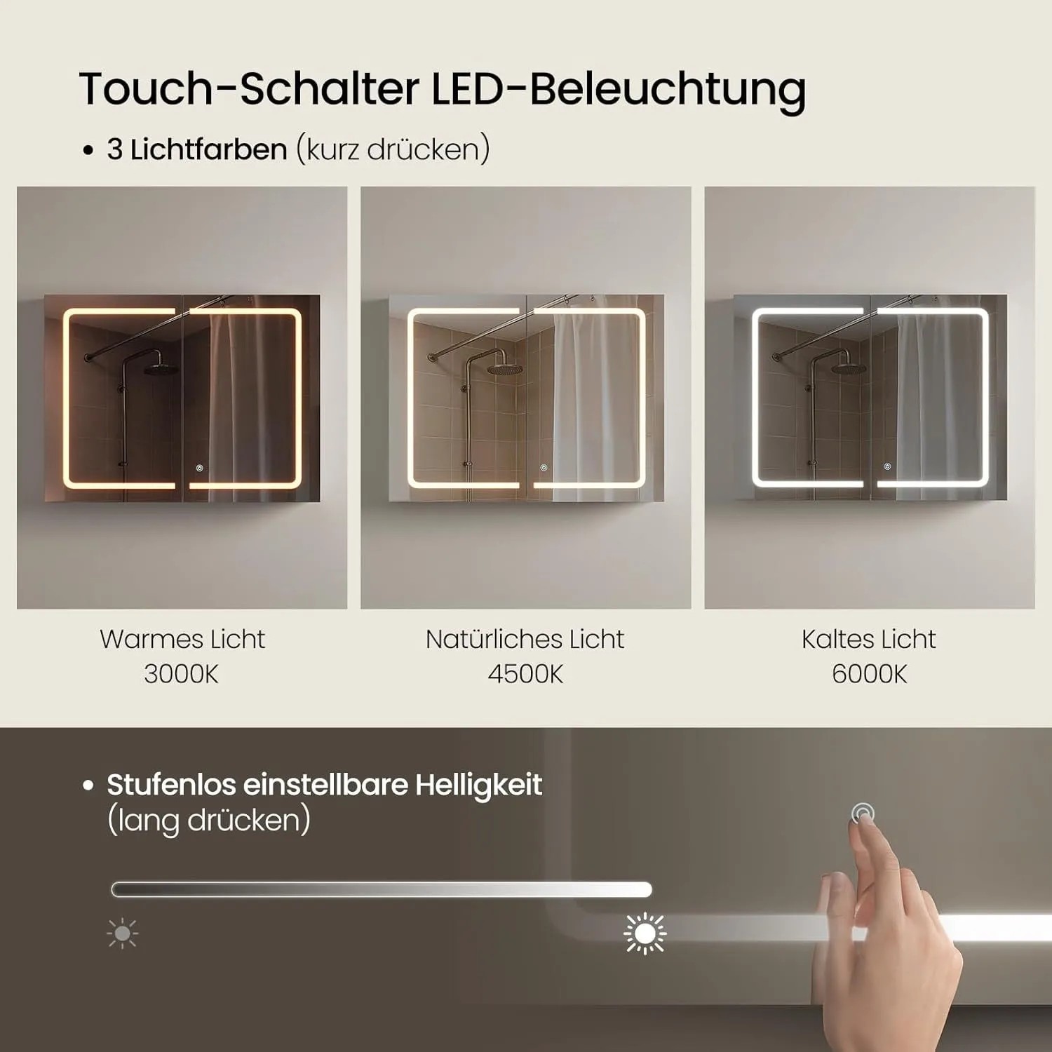 EUGAD Spiegelschrank mit LED-Beleuchtung, Touch-Schalter, 3 Lichtfarben (warm, natürlich, kalt) & dimmbarer Helligkeit.
