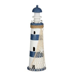 Dekorativer Leuchtturm von Mica Decorations, 40,5 cm hoch, blau-weiß gestreift mit Netz.
