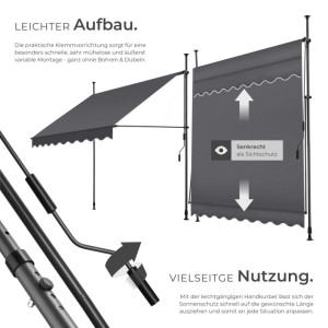 Tectake Klemmmarkise  Mit Handkurbel Uv Beständig 200 x 180 cm 180 x 200 x 304 cm Schwarz Grau