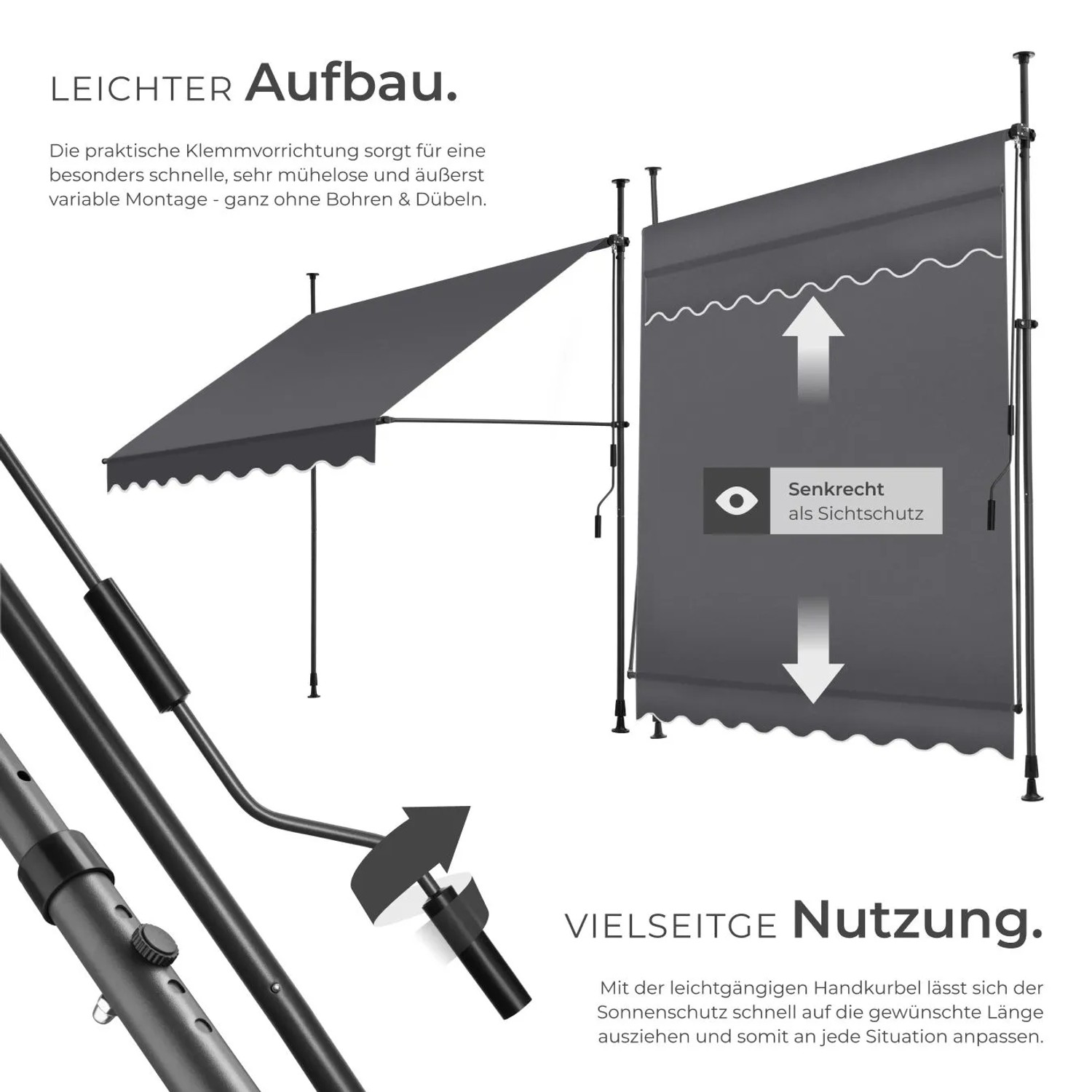 Tectake Klemmmarkise Schwarz Grau, horizontal als Sonnenschutz und vertikal als Sichtschutz. Einfache Montage mit Handkurbel.