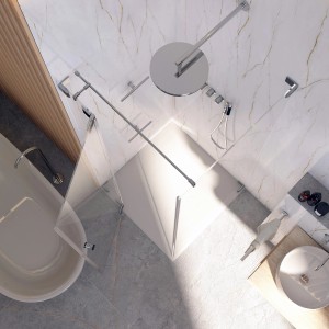 Eckdusche Brava mit Drehtür, Festteil und Chrom-Beschlägen, Sonderanfertigung.