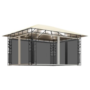 Cremeweißer vidaXL Pavillon 4x3m mit Moskitonetz und LED-Lichterkette für Garten & Terrasse.